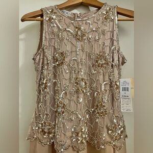 NWT J Kara Beaded Formal Sleeveless Blush Gown with Gold Sequins
